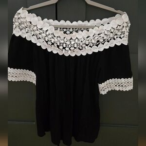 INC International Concepts Black and White Off Shoulder Top